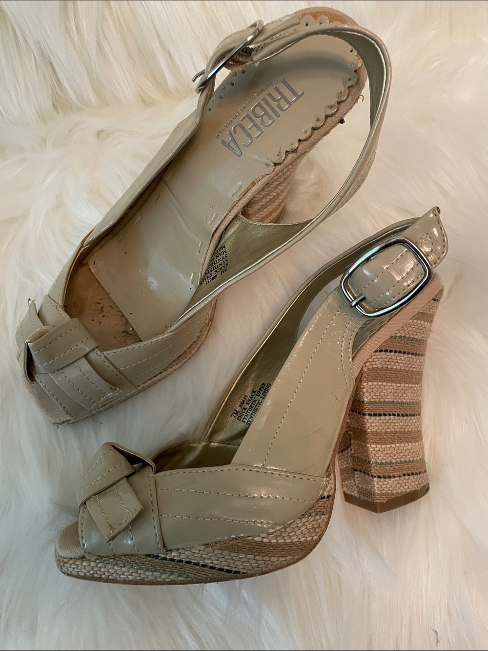 Tribeca - Women’s Beige Peep-Toe Sandals with Woven Accents -Sz7